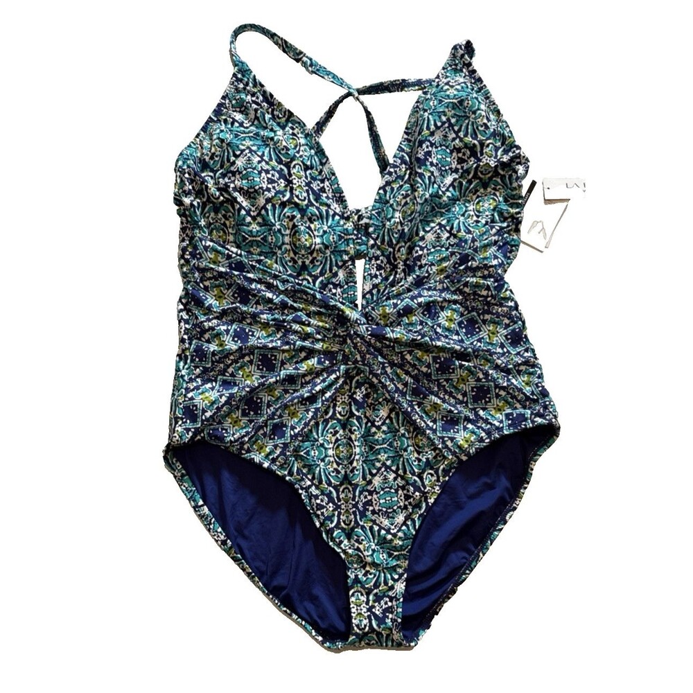 La Blanca 1 Piece swim suit 22W Blue Tummy Control NWT Deep-V Twist-Front